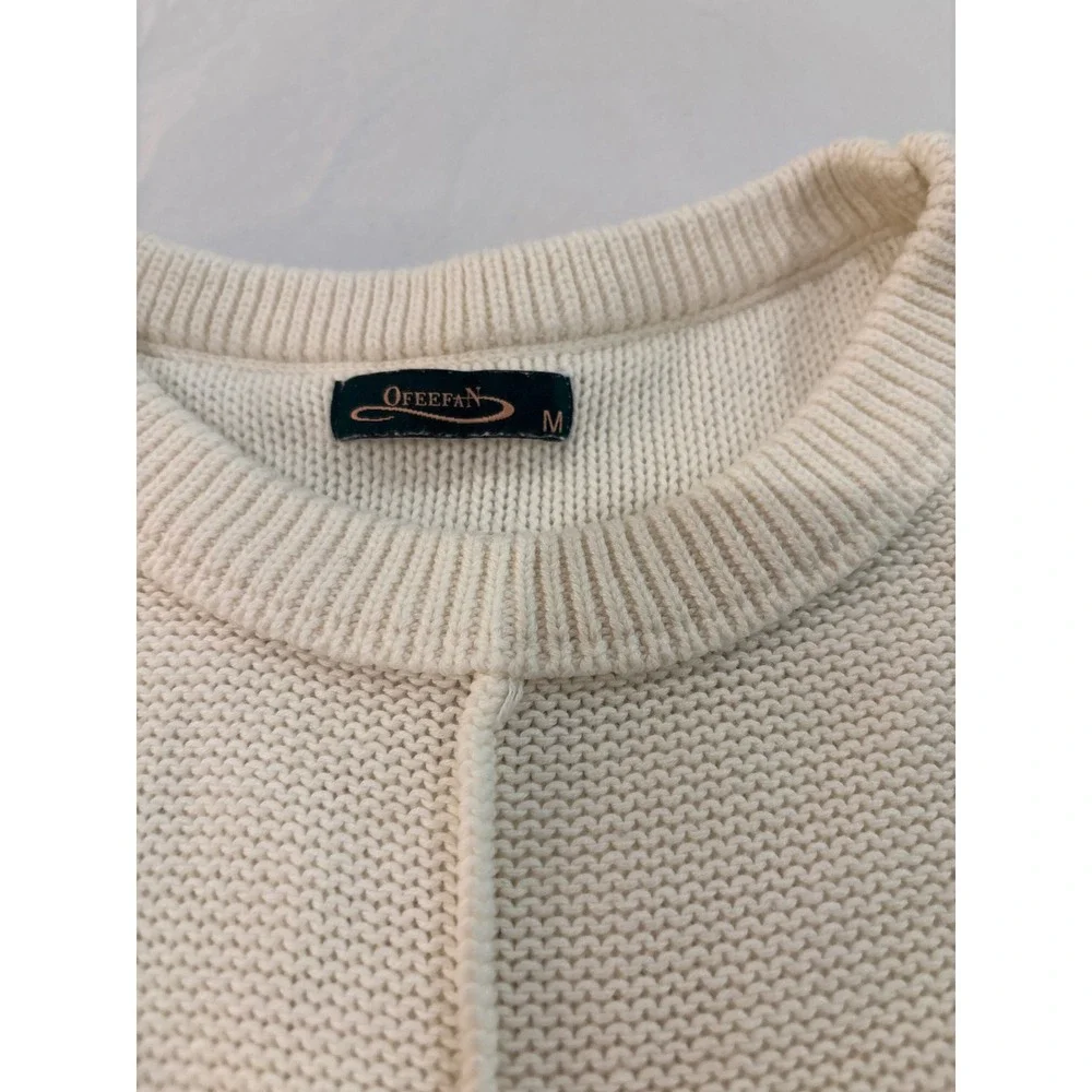 Ofeefan Womens Cream Knit Sweater Vest Sleeveless Crew Neck Center Seam Size M